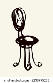 Fashion simple cozy carved wood rustic dine pew shape. Light room paper text space backdrop. Freehand outline dark black ink pen hand drawn object logo emblem pictogram design ancient scribble style