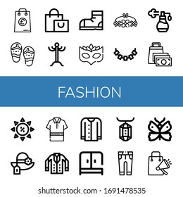 fashion simple icons set. Contains such icons as Shopping bag, Flip flops, Coat rack, Snow boots, Eye mask, Flower crown, Necklace, Perfume, can be used for web, mobile and logo