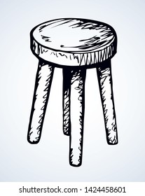 Fashion single dining tabouret on 4 sticks on light room backdrop. Freehand outline dark black ink hand drawn logo emblem pictogram sketchy in ancient art doodle etched style pen on paper text space