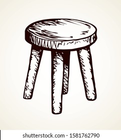 Fashion single dining tabouret on 4 sticks on light room backdrop. Freehand outline dark black ink hand drawn logo emblem pictogram sketchy in ancient art doodle etched style pen on paper text space