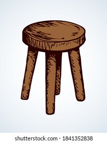 Fashion single dining tabouret on 4 sticks on light room backdrop. Freehand outline dark black ink hand drawn logo emblem pictogram sketchy in ancient art doodle etched style pen on paper text space