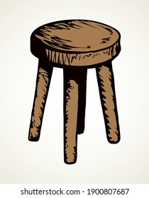 Fashion single dining tabouret on 4 sticks on light room backdrop. Freehand outline dark black ink hand drawn logo emblem pictogram sketchy in ancient art doodle etched style pen on paper text space