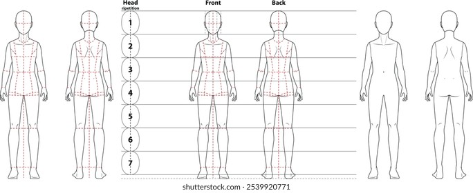 Fashion sketch of 14-16 year old Kid Body - kid sketch - child illlustration - kidswear female and male - dashed lines and clean