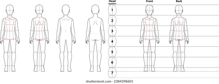 Esbozo de moda del Cuerpo del Niño de 8 a 10 años - boceto para niños - ilustración para niños - sexo femenino - líneas discontinuas limpias