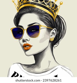 Fashion sketch of beautiful girl in crown vector illustration. Queen design on beige background, Princess drawing