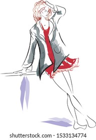 a fashion sketch of beautiful slim girl in red dress and jacket