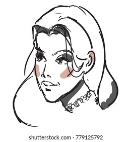 Fashion sketch of beauty model. Hand draw fashion illustration of girl. A sketch of woman with jewelry