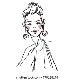 Fashion sketch of beauty model. Hand draw fashion illustration of girl. A sketch of woman with jewelry