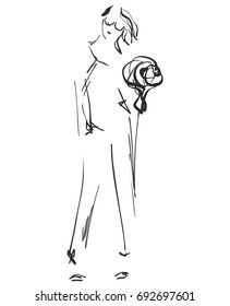 Fashion sketch. Cartoon models. Girls with bouquet