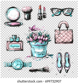 Fashion sketch collection of women accessories make up isolated