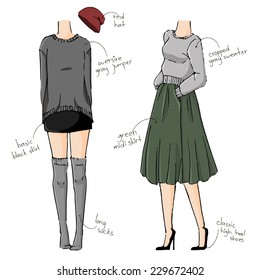 fashion sketch drawing girls in beautiful looks. Hand drawn set of fashion outfits. 