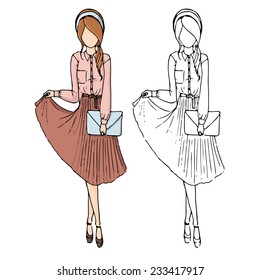 fashion sketch drawing girls in beautiful looks. Hand drawn set of fashion outfits. Illustration with colored girl and contour girl. Pretty girl in pleated skirt.