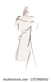 Fashion sketch. Elegant young woman, model. Female silhouette in dress  