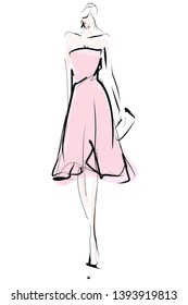 Fashion sketch. Elegant young woman, model. Female silhouette in dress  