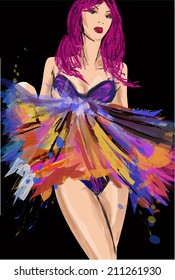 Fashion sketch. Girl in colorful dress.