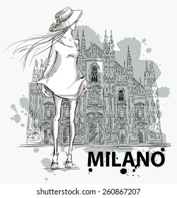 fashion sketch. Girl on a Milano Duomo  background