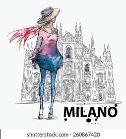 fashion sketch. Girl on a Milano Duomo  background