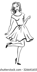Fashion sketch of happy woman in dress standing on one leg