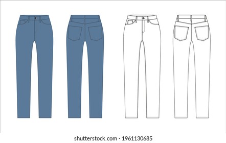 Fashion sketch of jeans in vector graphic.Woman straight jeans with front and back pockets, decorative zippers and light distress detailing in dark blue wash.Flat sketch vector. Scheme front and back