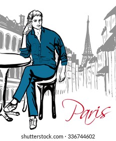 Fashion sketch of man sitting in cafe in Paris