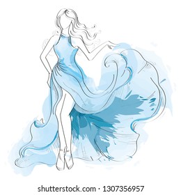 Fashion Sketch. Model In A Blue Fluttering Dress. Vector Illustration On White Background.  Watercolor Drawing.