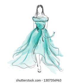 Fashion Sketch. Model Walking On Runway In Green Fluttering Dress. Vector Illustration On White Background. Watercolor Drawing.