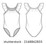 Fashion sketch of one piece swimmingsuit for children, with a ruffles on shoulders