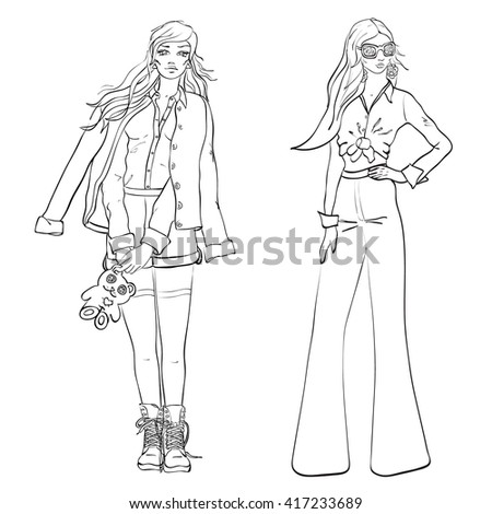 Fashion Sketch Outline Girl 2 Girls Stock Vector (Royalty Free ...