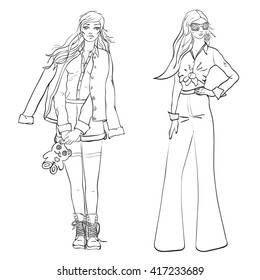 Fashion sketch, outline girl .Set of 2 girls. Girl with teddy bear and retro girlfriend. Illustration vector.