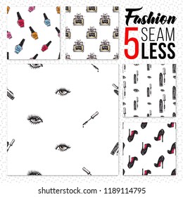 Fashion sketch pattern set. Collection of fashionable seamless background for modern woman and girls. Hand drawn elements and backdrops for promo ads, POS display.
