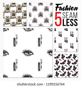 Fashion sketch pattern set. Collection of fashionable seamless background for modern woman and girls. Hand drawn elements and backdrops for promo ads, POS display.