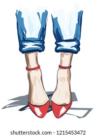 Fashion sketch print. Legs in red shoes with high heels. Vector glamour illustration. Watercolor style