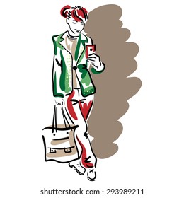 Fashion sketch with redhead girl in red jeans and green jacket with a phone and a bag.