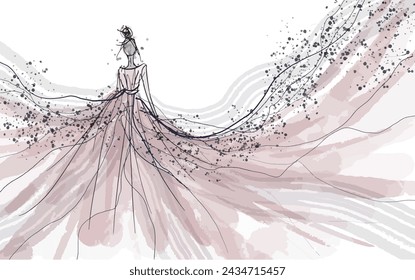 Fashion sketch of a  rose pink flowing dress in watercolour style, abstract model with hair in a bun vector with copy space