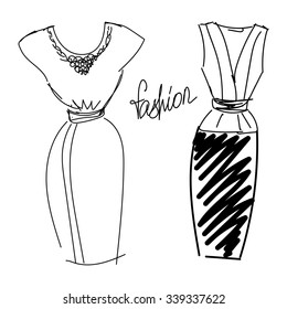 Fashion sketch set, look, women, female, dress, hand drawn