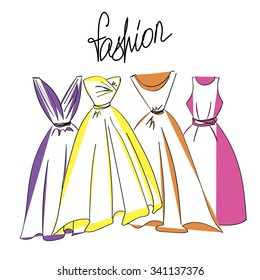 Fashion sketch set, look, women, female, dress, hand drawn