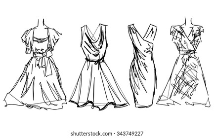 Fashion Sketch Set, Look, Women, Female, Dress, Hand Drawn