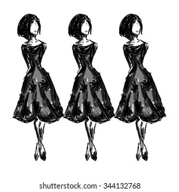 Fashion sketch set, look, women, female, dress, hand drawn
