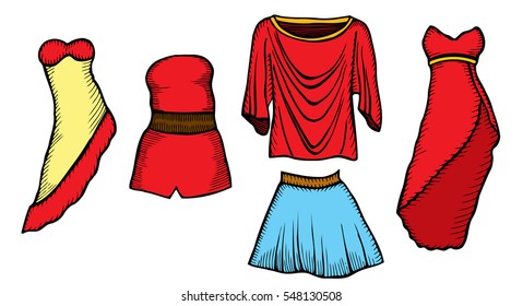 Fashion sketch set, look, women, female, dress, hand drawn