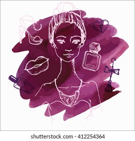 Fashion sketch set on watercolor background. Vector illustration 
