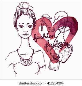 Fashion sketch set on watercolor background. Vector illustration 
