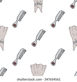 Fashion Sketch. Set of Seamless pattern cartoon women's accessories, lipstick, dress, mirror, comb, perfume in doodle style. Background for use in design, web site, packing, textile, fabric