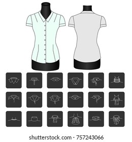 Fashion sketch of shirt collars.types of women's collars. collar for shirt. collars for women's blouses. collar. Modern vector pictogram collection.