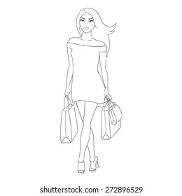 Fashion sketch shopping girl. Vector illustration.