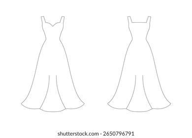 Esboço de moda mostrando as vistas frontal e traseira de um vestido de vestido. Ideal para designers, padrões de costura, portfólios de moda e maquetes de vestuário. Limpo contorno perfeito para personalização.