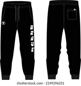 Fashion Sketch Of Streetstyle Fashion Black Joggers With Font Print, Embroidery And Patch