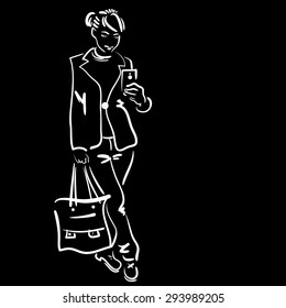 Fashion sketch with a stylish girl in jeans with a phone and a bag.