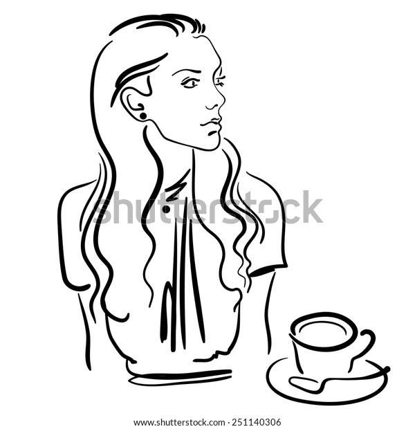 Fashion Sketch Stylish Woman Drinking Coffee Stock Vector (Royalty Free ...