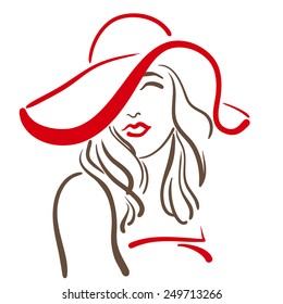 Fashion sketch of stylish woman with the hat and red lips. Hand drawn sketch. 