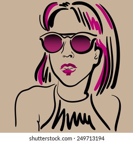Fashion sketch of stylish woman with purple sunglasses and lips. Hand drawn sketch.